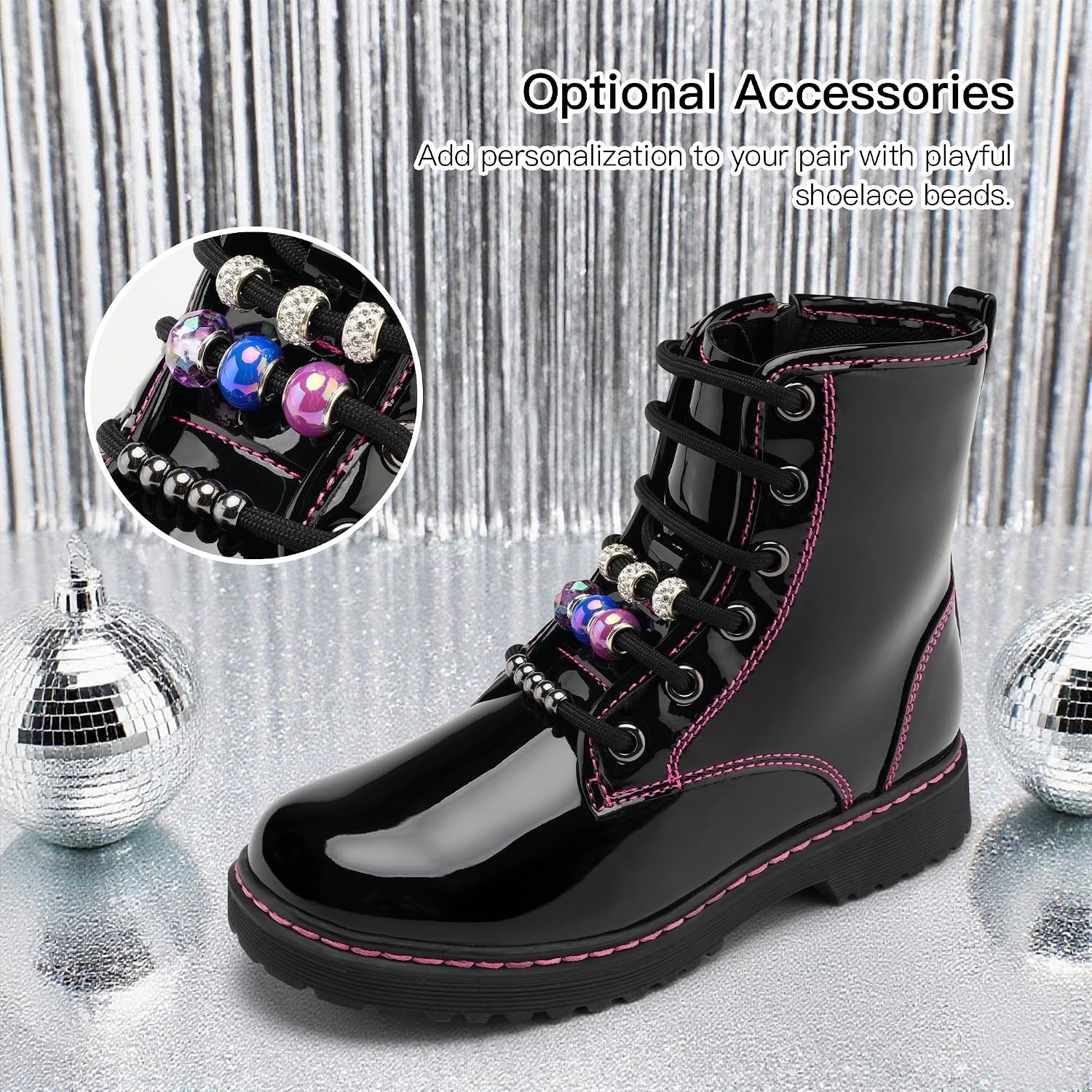 Stelle Girls Combat Boots with DIY Lace Up Side Zipper Ankle Boots(Publack Pat)