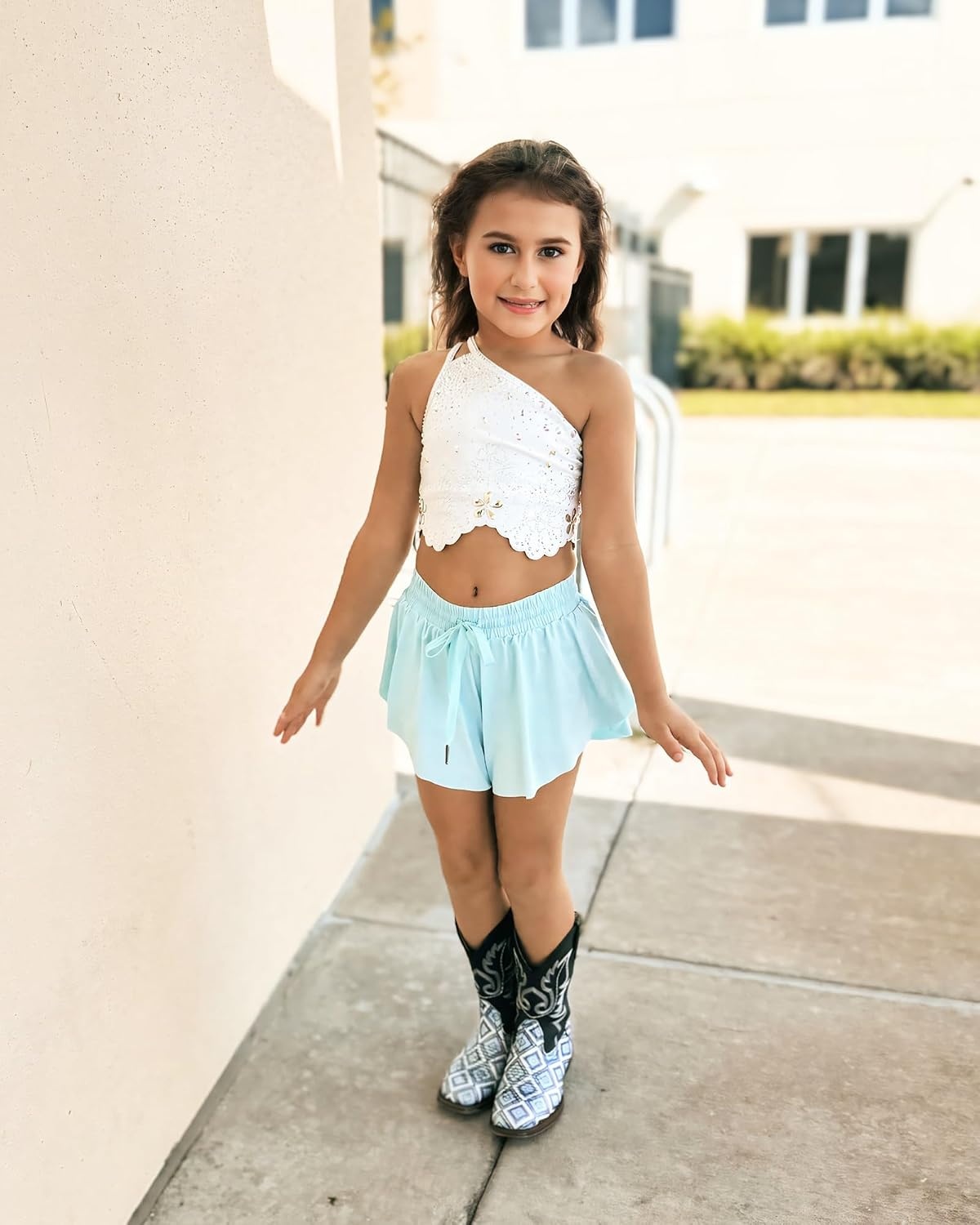 Stelle Girls Butterfly Shorts with Pockets Athletic Running Sports Skirt | 2 in 1 Sports short, 5-16 Years, Lightweight, Breathable, Quick-dry, Compression liner, 2 Inner pockets, Elastic waistband(White+light Blue+black)