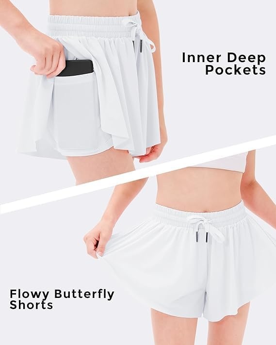 Stelle Girls Butterfly Shorts with Pockets Athletic Running Sports Skirt | 2 in 1 Sports short, 5-16 Years, Lightweight, Breathable, Quick-dry, Compression liner, 2 Inner pockets, Elastic waistband(White+light Blue+black)
