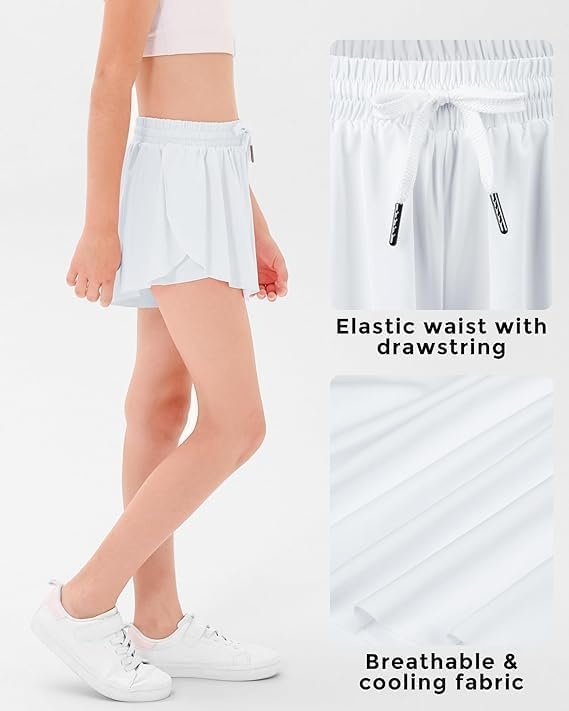 Stelle Girls Butterfly Shorts with Pockets Athletic Running Sports Skirt | 2 in 1 Sports short, 5-16 Years, Lightweight, Breathable, Quick-dry, Compression liner, 2 Inner pockets, Elastic waistband(White+light Blue+black)