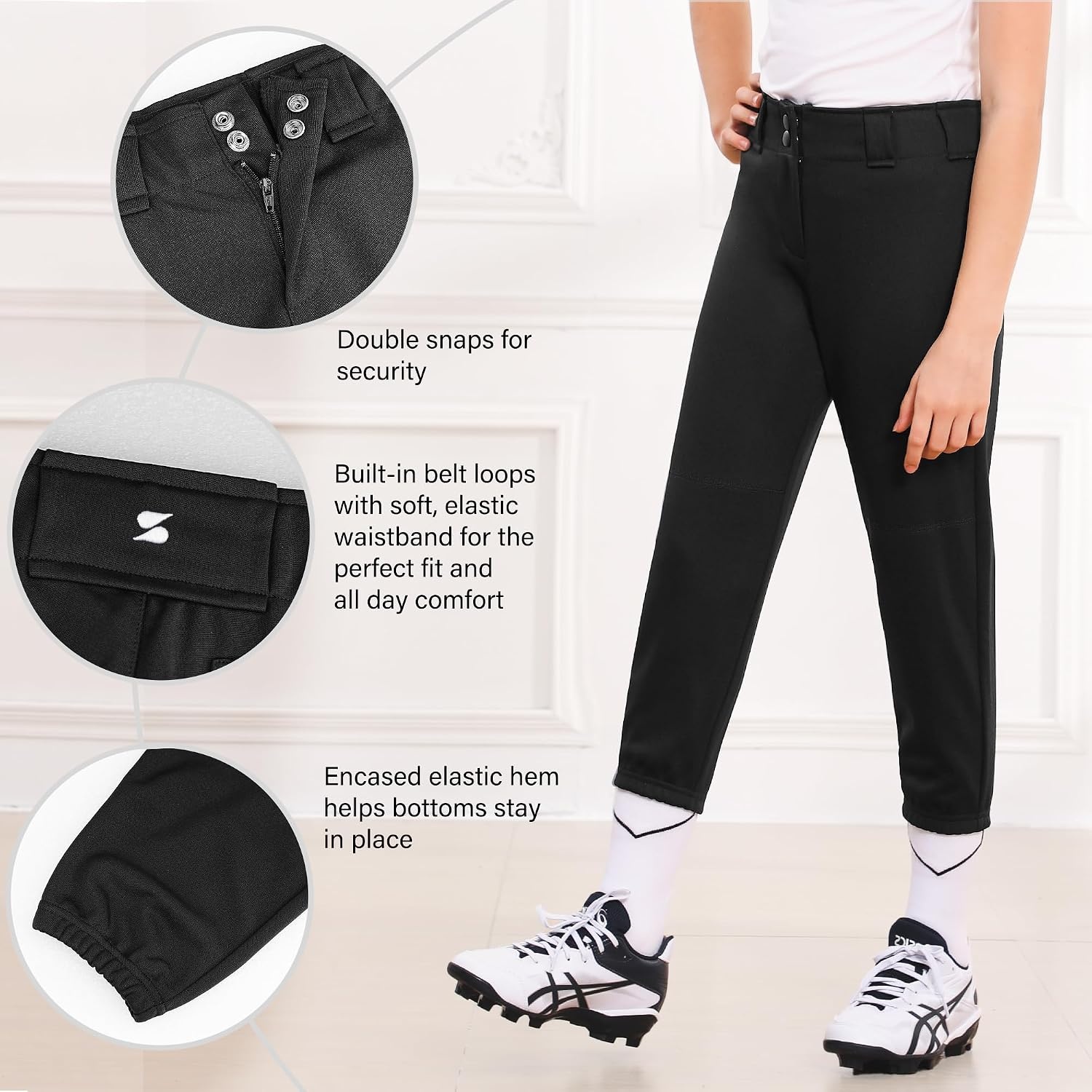 Stelle Softball Pants for Girls Youth with Pockets for Kids Fastpitch(Black)