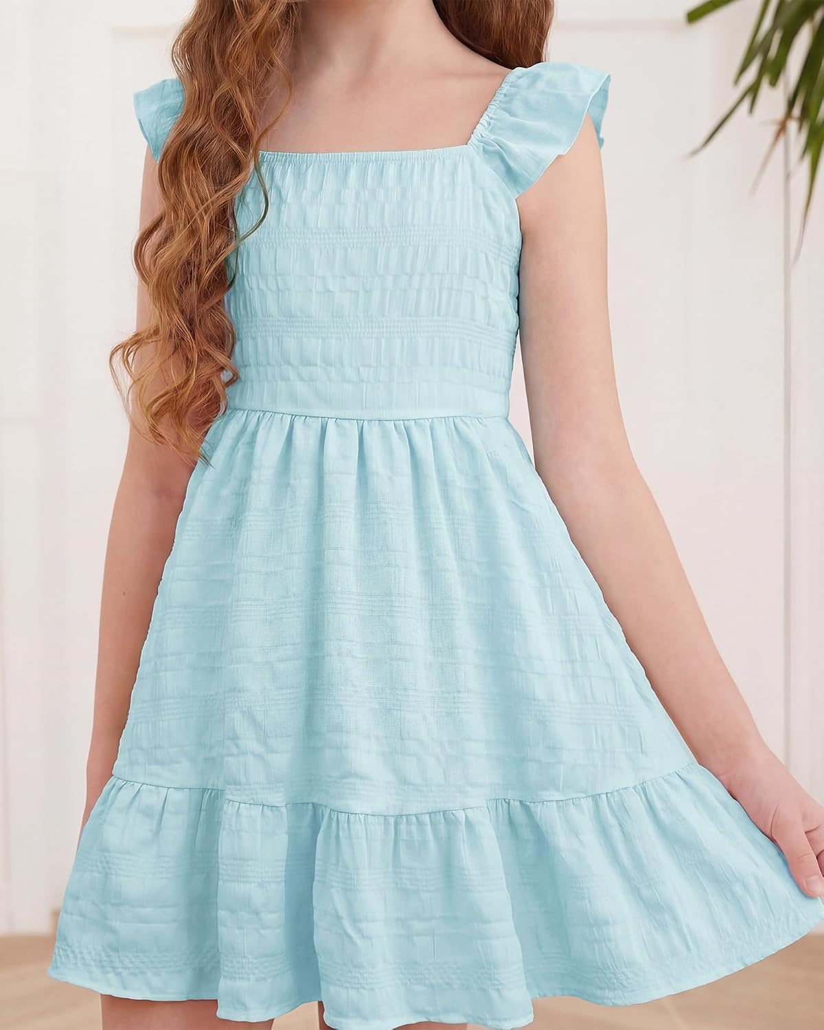 Stelle Girls Square Neck Flutter Sleeve Tie Back Dress 5-15 Y | Smocked Waist,Criss Cross Back Bow,Cotton Lining, Knee Length,Breathable,Stretchable,Easter/Spring/Summer/Vacation/Beach(Light Blue)