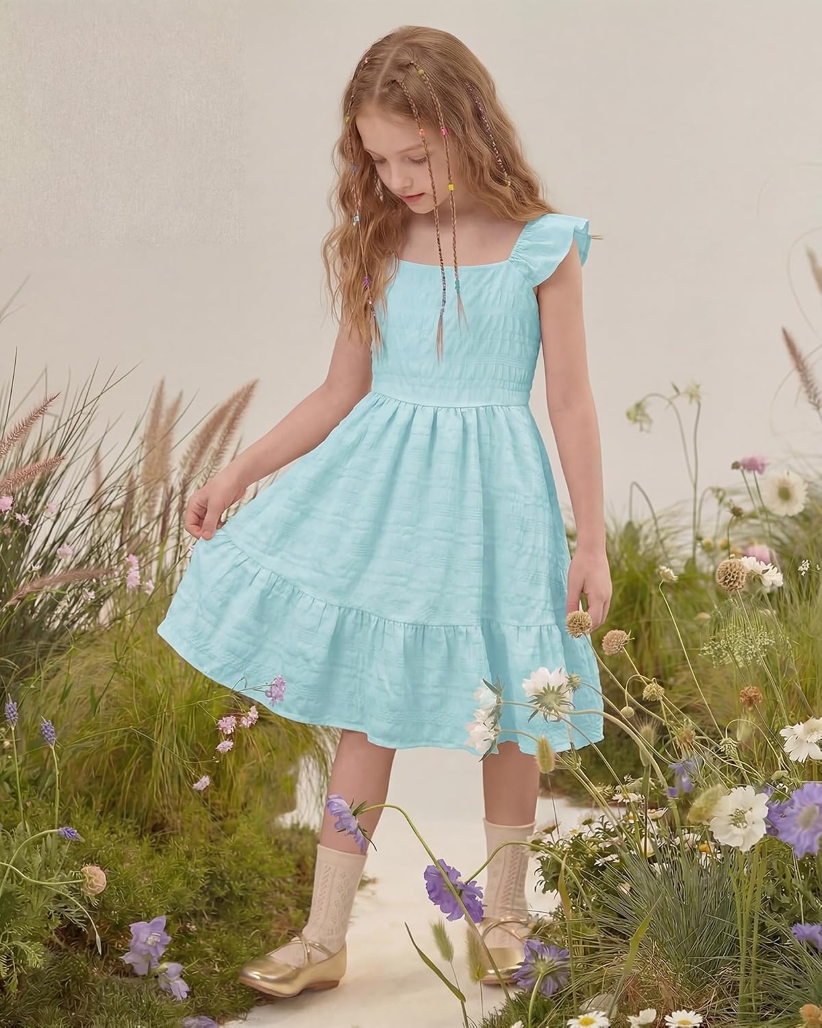 Stelle Girls Square Neck Flutter Sleeve Tie Back Dress 5-15 Y | Smocked Waist,Criss Cross Back Bow,Cotton Lining, Knee Length,Breathable,Stretchable,Easter/Spring/Summer/Vacation/Beach(Light Blue)