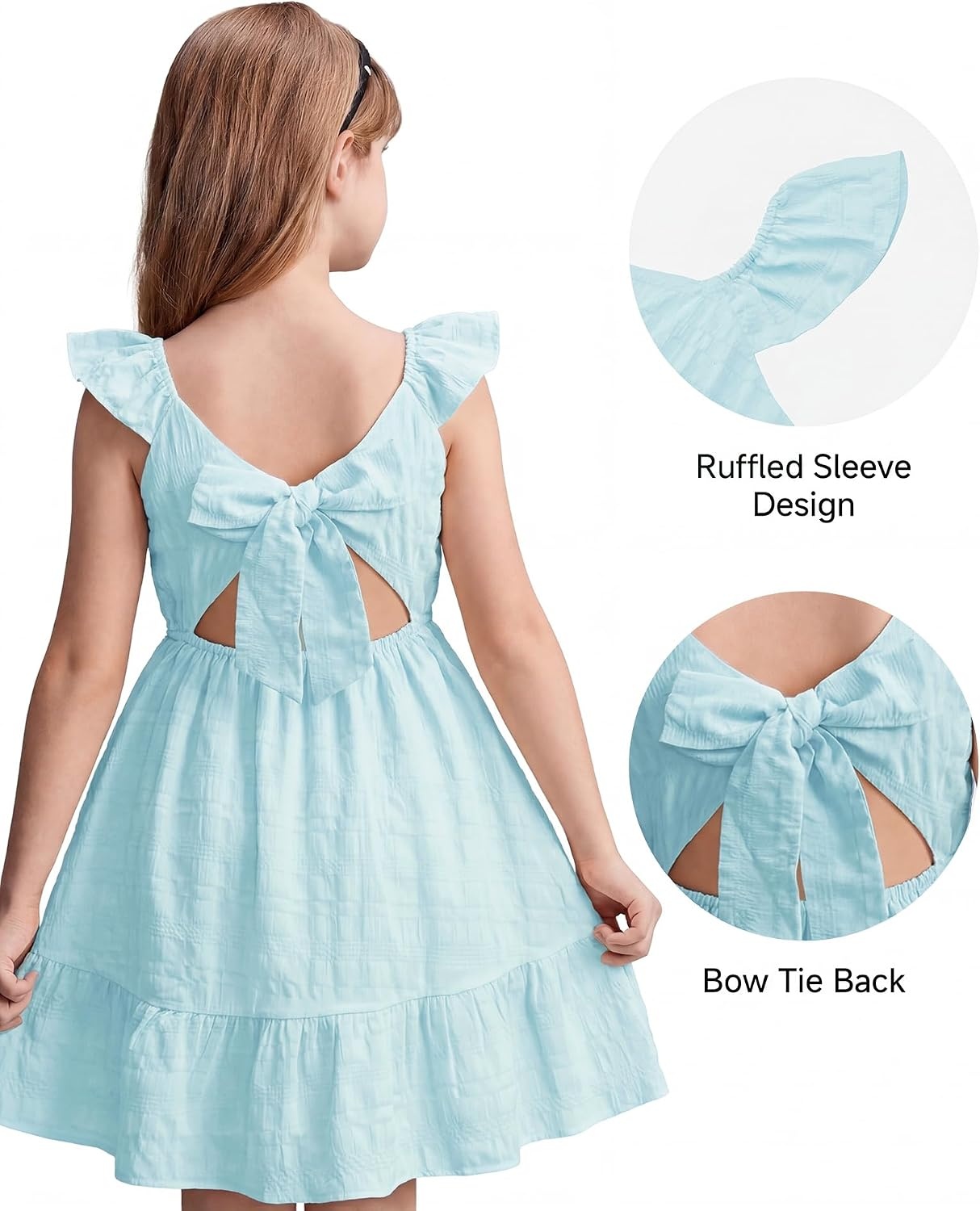 Stelle Girls Square Neck Flutter Sleeve Tie Back Dress 5-15 Y | Smocked Waist,Criss Cross Back Bow,Cotton Lining, Knee Length,Breathable,Stretchable,Easter/Spring/Summer/Vacation/Beach(Light Blue)
