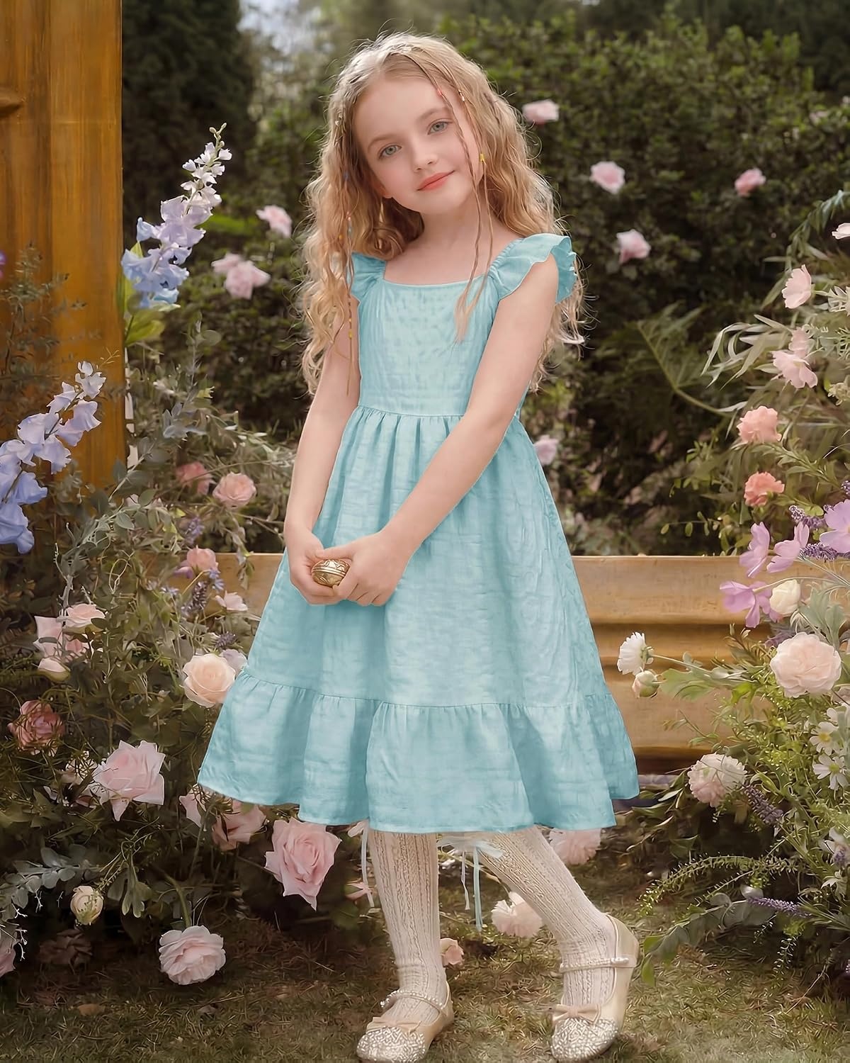 Stelle Girls Square Neck Flutter Sleeve Tie Back Dress 5-15 Y | Smocked Waist,Criss Cross Back Bow,Cotton Lining, Knee Length,Breathable,Stretchable,Easter/Spring/Summer/Vacation/Beach(Light Blue)