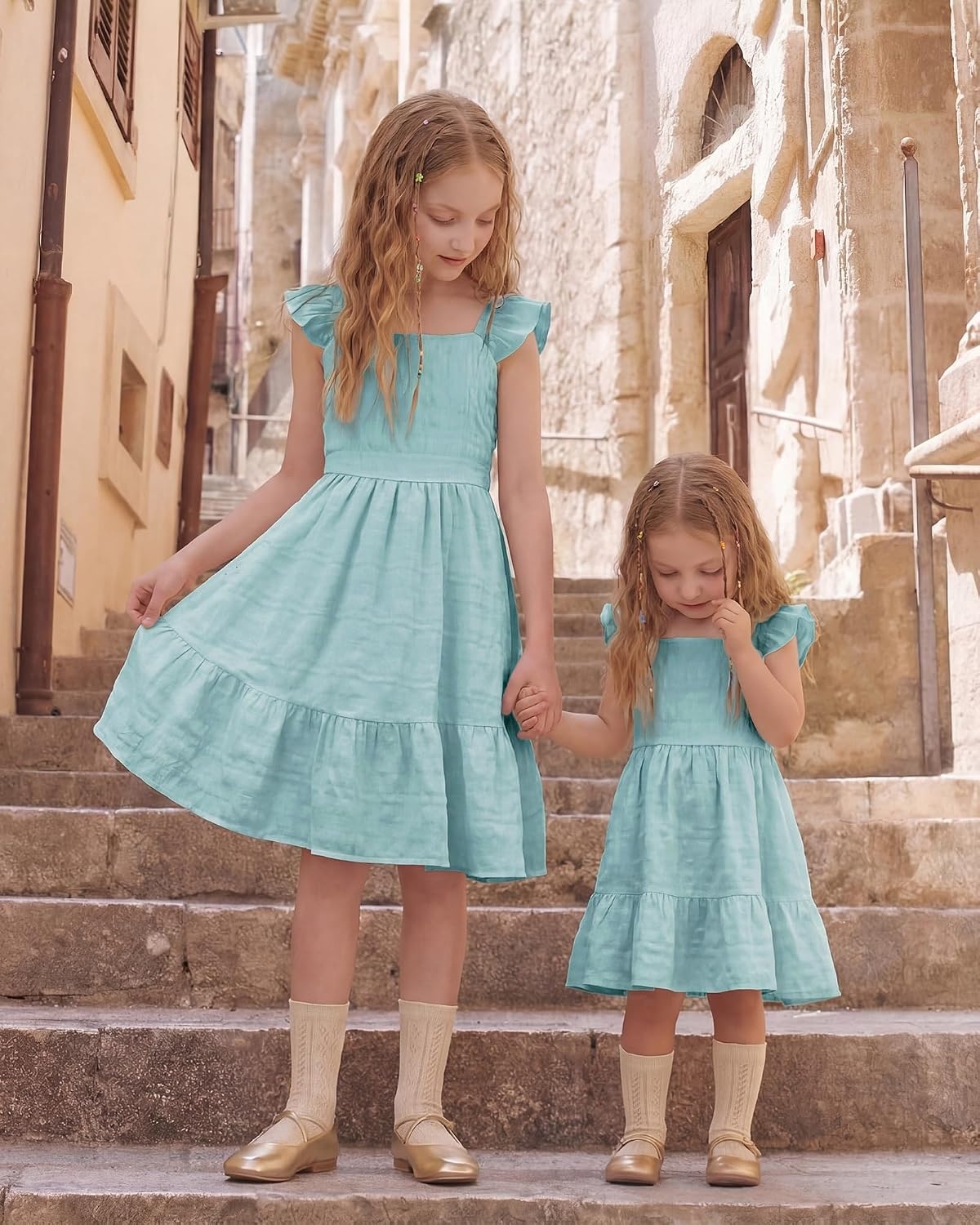 Stelle Girls Square Neck Flutter Sleeve Tie Back Dress 5-15 Y | Smocked Waist,Criss Cross Back Bow,Cotton Lining, Knee Length,Breathable,Stretchable,Easter/Spring/Summer/Vacation/Beach(Light Blue)