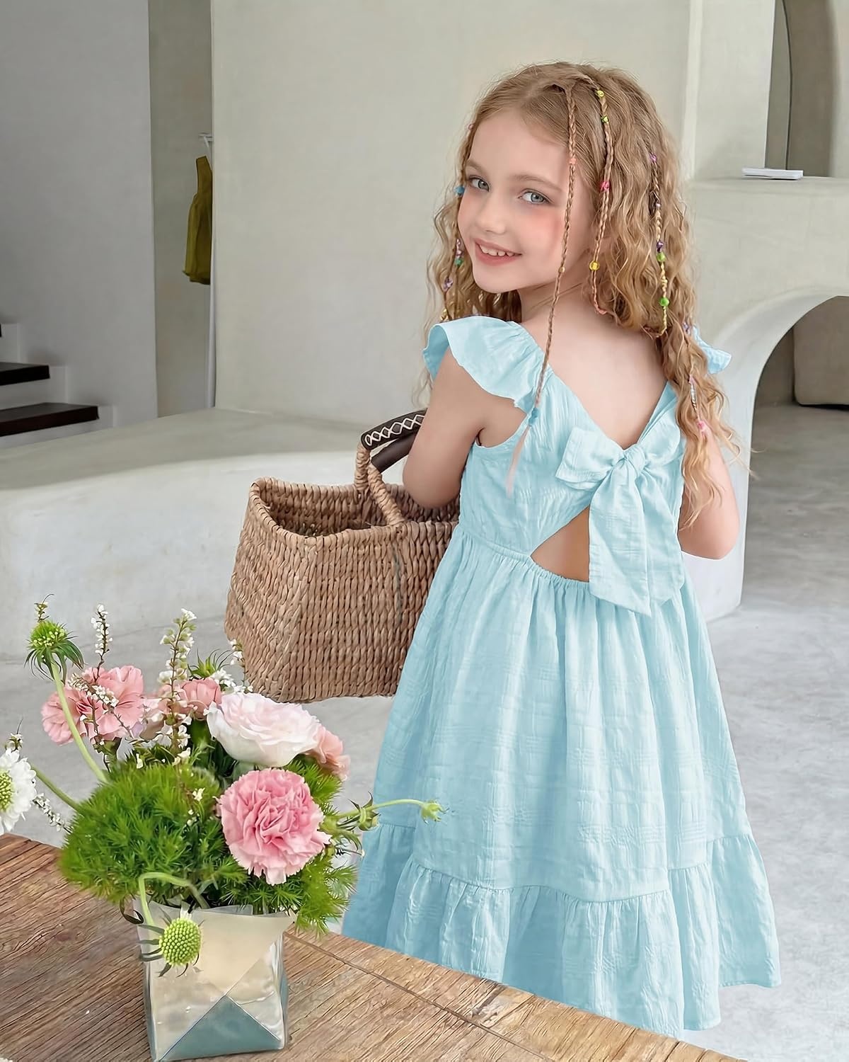 Stelle Girls Square Neck Flutter Sleeve Tie Back Dress 5-15 Y | Smocked Waist,Criss Cross Back Bow,Cotton Lining, Knee Length,Breathable,Stretchable,Easter/Spring/Summer/Vacation/Beach(Light Blue)