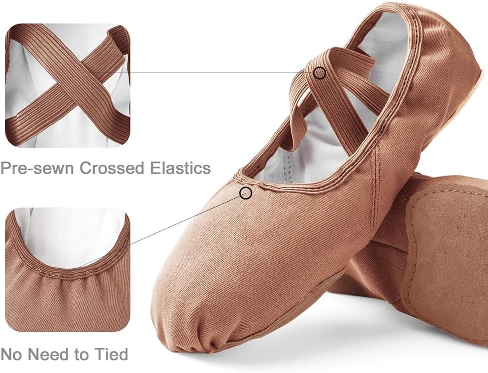 Stelle Ballet Shoes for Women Highly Stretch Canvas Split Sole Dance Yoga | Adult, Girls and boys, Ballet slippers, Cotton lined, Pre-sewn wide elastics, Suede sole, Flexible fit, Breathable fabric(Tan)