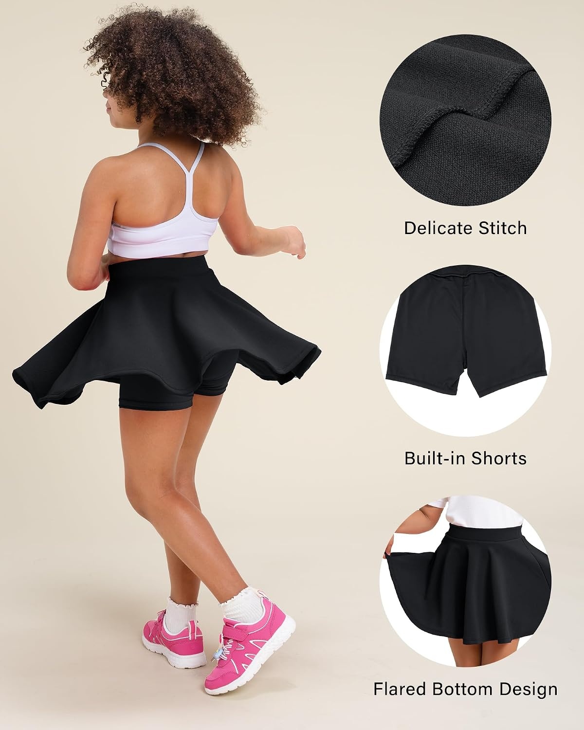 Stelle Girls Skirt Casual Flare Plain Pleated Stretch Waist Skater Skirts Uniform Skorts with Built in Shorts 4-15 Years(Black)