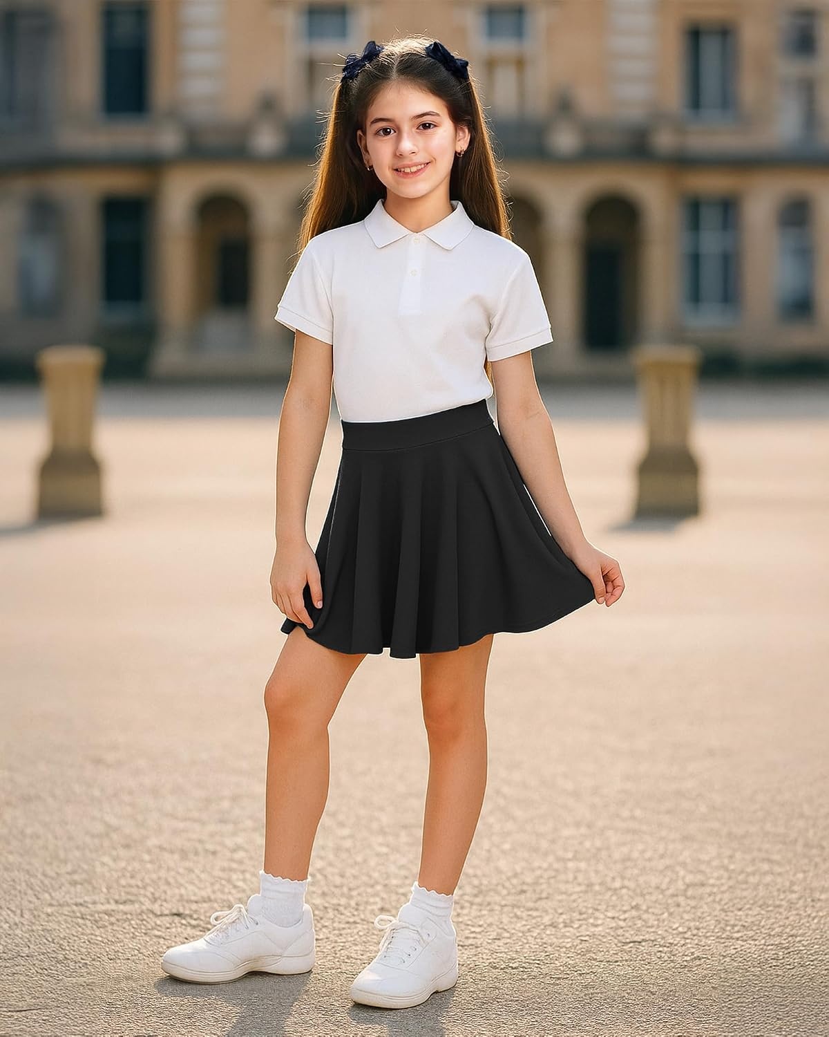 Stelle Girls Skirt Casual Flare Plain Pleated Stretch Waist Skater Skirts Uniform Skorts with Built in Shorts 4-15 Years(Black)