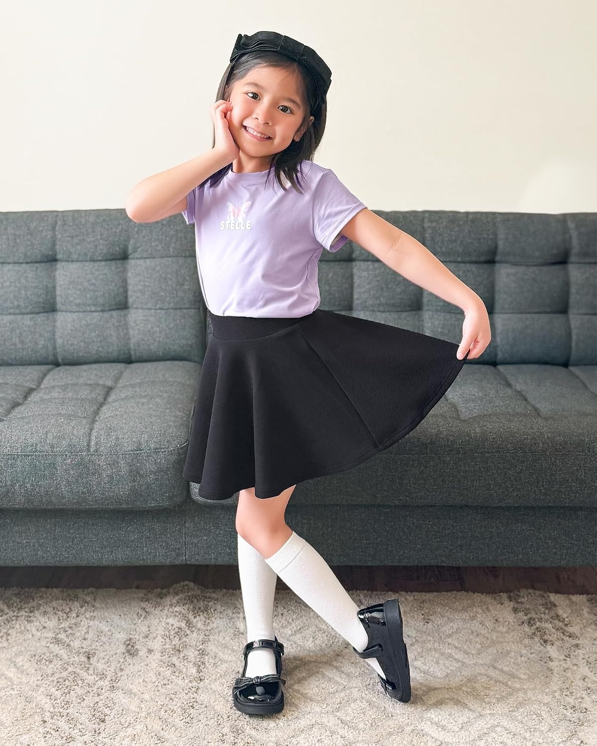 Stelle Girls Skirt Casual Flare Plain Pleated Stretch Waist Skater Skirts Uniform Skorts with Built in Shorts 4-15 Years(Black)