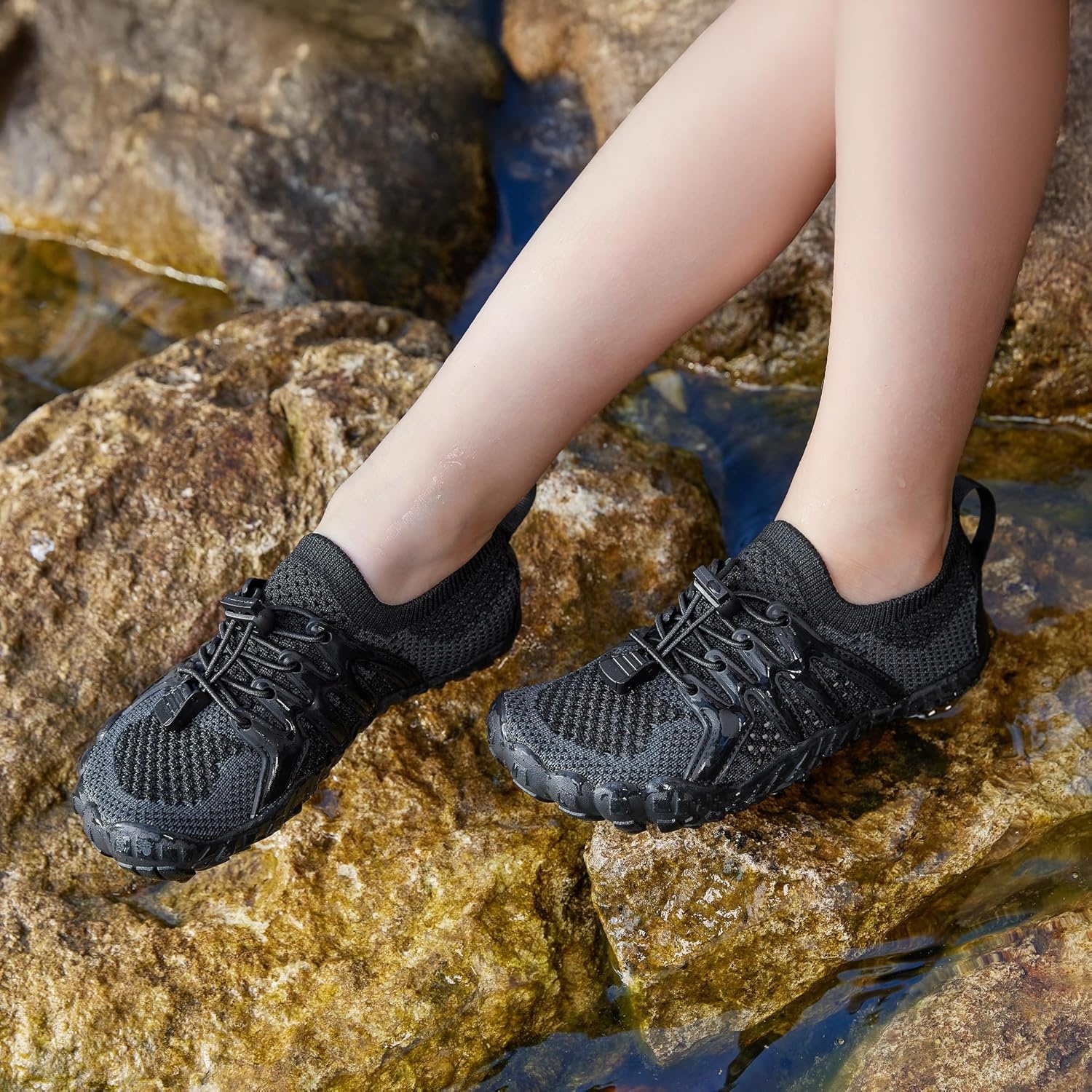 STELLE Water Shoes for Kids Girls Boys Barefoot Shoes with Adjustable Laces Quick Drying Beach Sports Non Slip Swimming Hiking(Black)