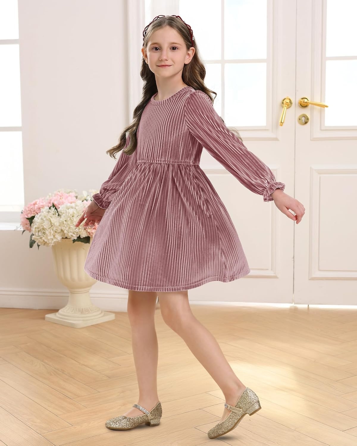 Stelle Girls Long Sleeve Velvet Dress with Pockets 5-15 Years | Bell Sleeve,Knee Length,Ribbed,A Line,Twirly Dress,High Waist,Fall/Winter Dress,Holiday/Christmas/New Years Eve/Party(Rose Clay)