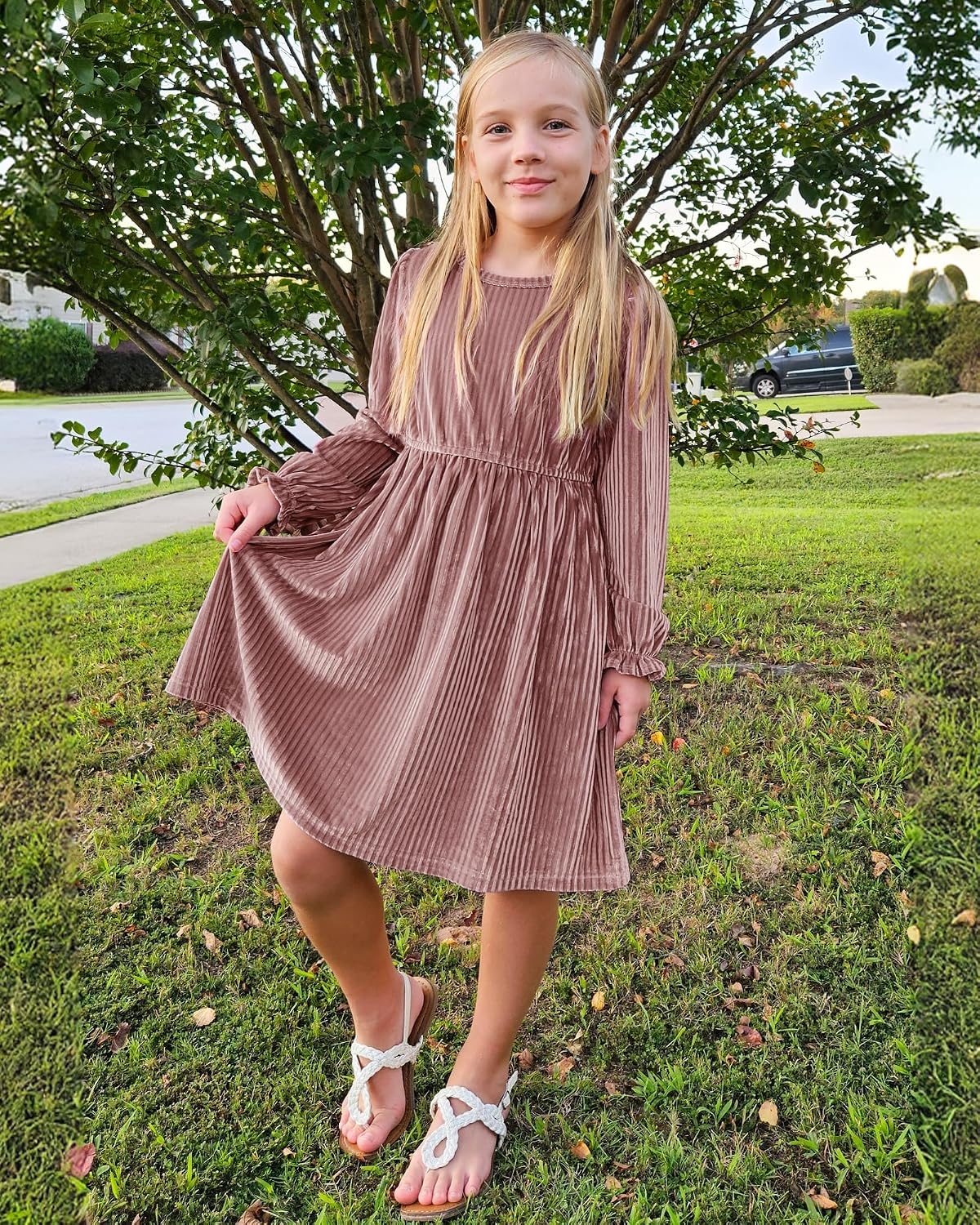 Stelle Girls Long Sleeve Velvet Dress with Pockets 5-15 Years | Bell Sleeve,Knee Length,Ribbed,A Line,Twirly Dress,High Waist,Fall/Winter Dress,Holiday/Christmas/New Years Eve/Party(Rose Clay)