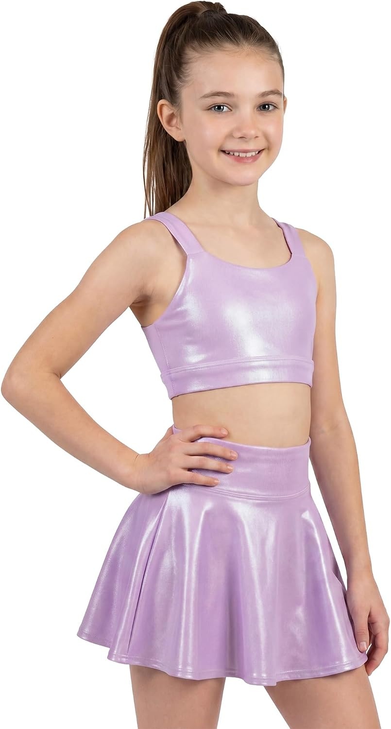 Stelle Girls Metallic Dance Tops Shiny Athletic Crop Tank Cross Back(Lavender)