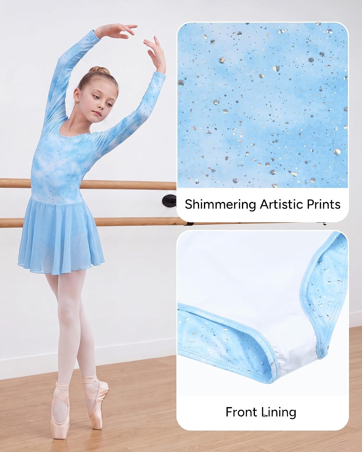 Stelle Long Sleeve Ballet Leotards for Girls Toddler Ballerina Dance Dress(Cloudburst Blue)