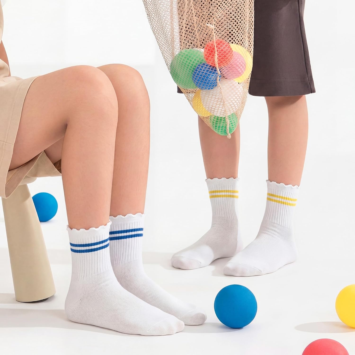 Stelle Girls Socks Ruffle Socks for Girls Cotton Striped Crew Sock Girls Athletic Socks(Red+yellow+blue+green Stripes)
