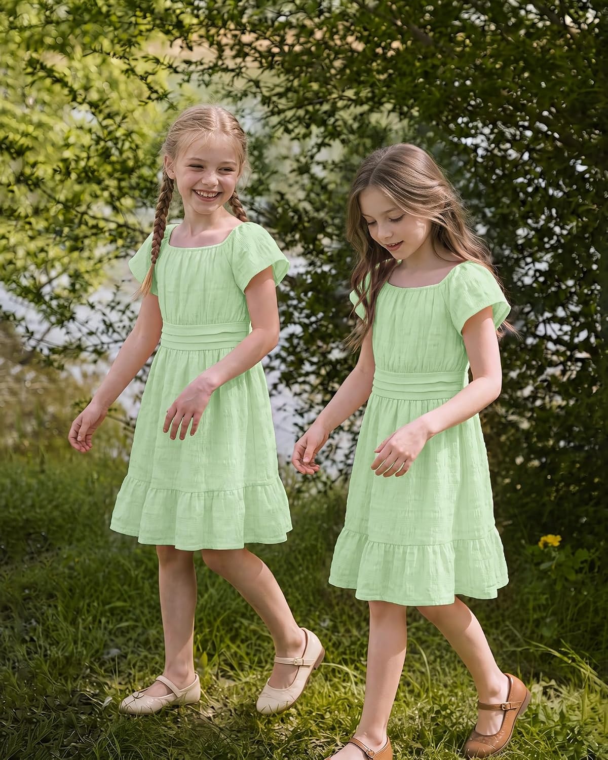 Stelle Girls Summer Casual Smocked Dress 5-15 Years(Pastel Green)
