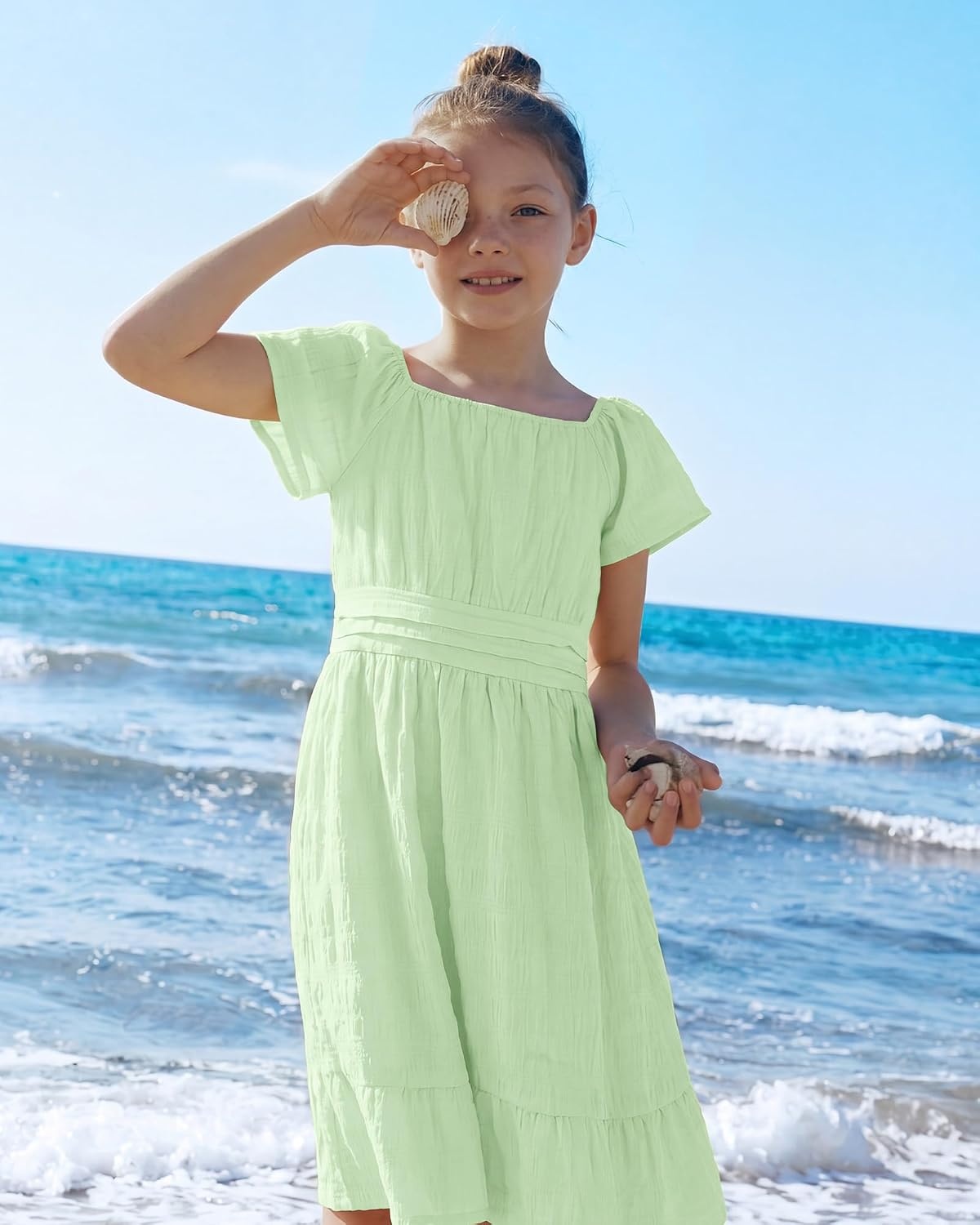 Stelle Girls Summer Casual Smocked Dress 5-15 Years(Pastel Green)