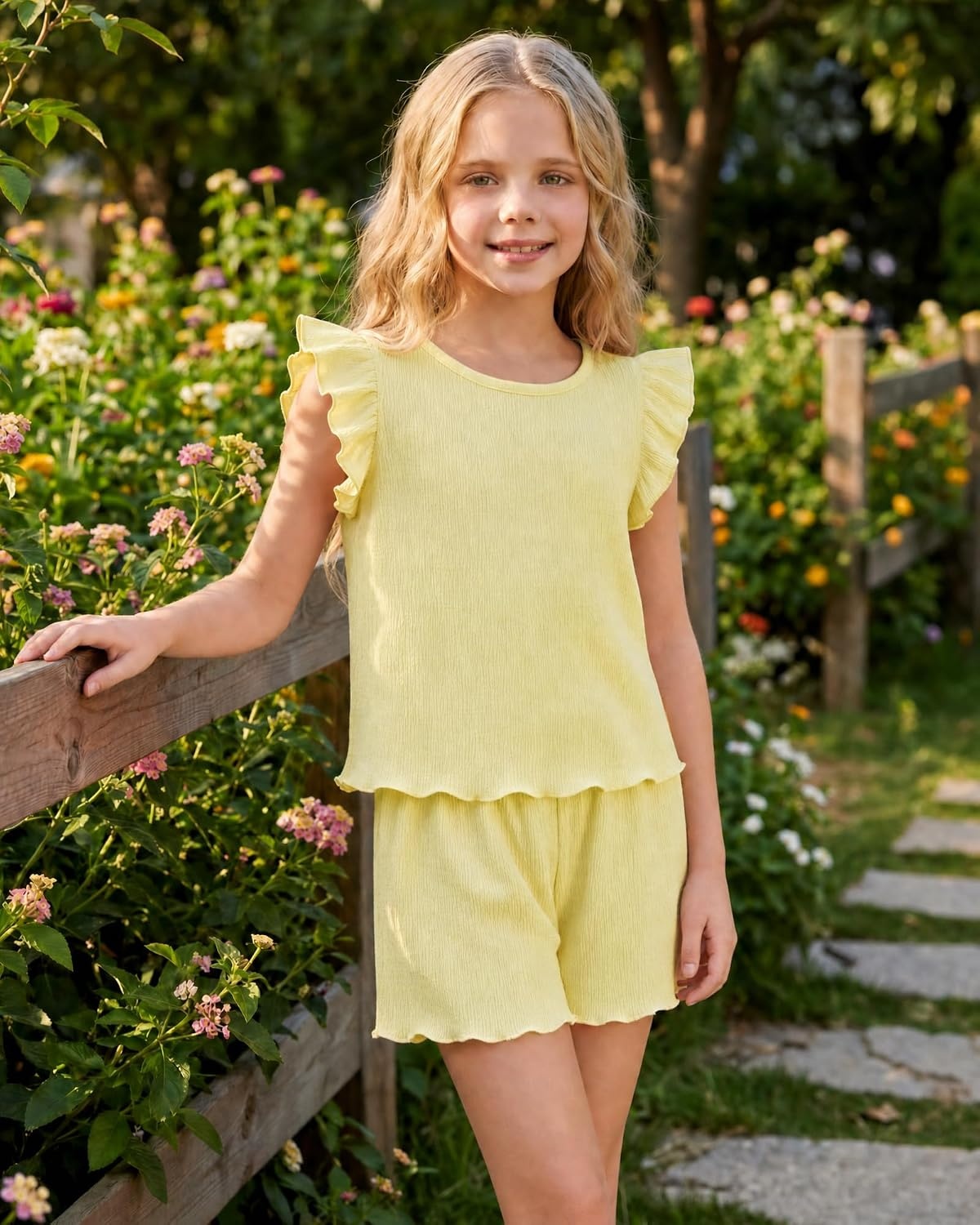 Stelle Girls 2 Piece Summer Outfits Flutter Sleeve Tops and Shorts 5-13Y | Cooling Liner,Shorts with Pockets,Ruffle Tank Tops,Back Keyhole,Cute Bow on Waist,Breathable,Lightweight,Stretchable,Flowy(Lemon Butter)