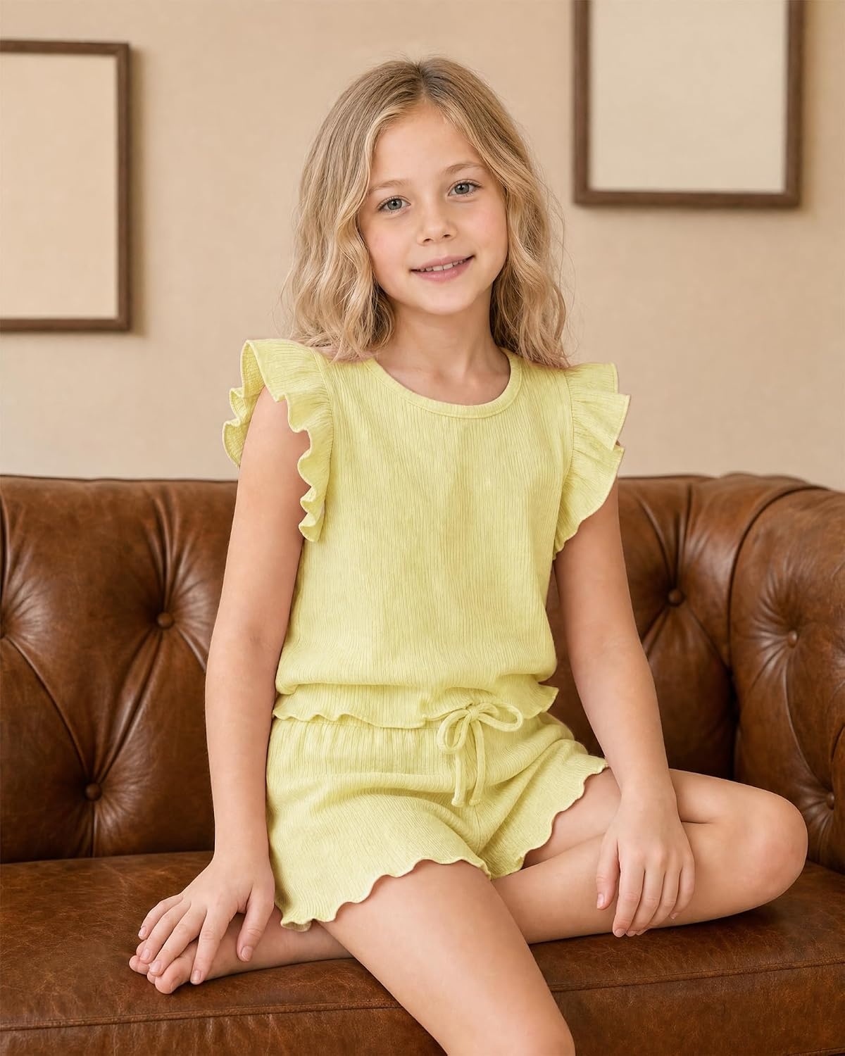 Stelle Girls 2 Piece Summer Outfits Flutter Sleeve Tops and Shorts 5-13Y | Cooling Liner,Shorts with Pockets,Ruffle Tank Tops,Back Keyhole,Cute Bow on Waist,Breathable,Lightweight,Stretchable,Flowy(Lemon Butter)