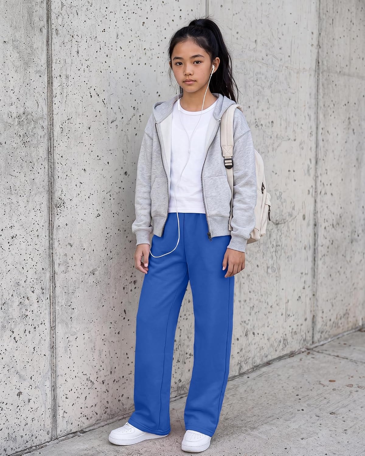 Girls’ Wide-leg Fleece Sweatpants,Soft, with Front Pockets, Warm Loose Fit(Cobalt Blue)