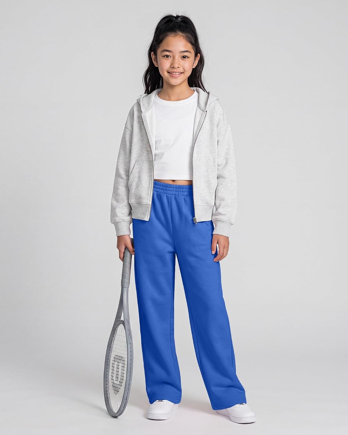 Girls’ Wide-leg Fleece Sweatpants,Soft, with Front Pockets, Warm Loose Fit(Cobalt Blue)