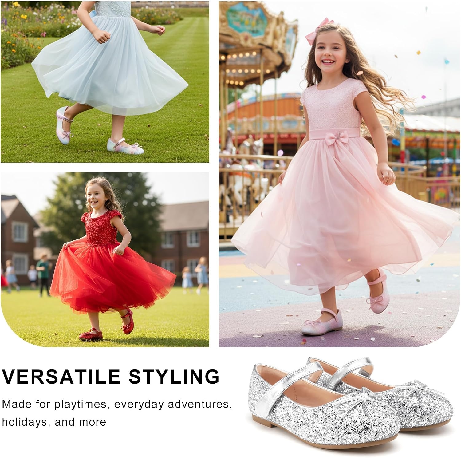Stelle Girls Dress Shoes Mary Jane Flats for School Party Flower Girl(1-silver)
