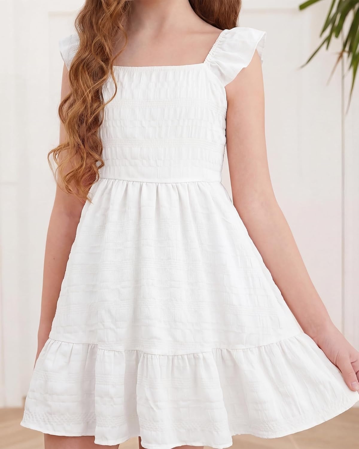 Stelle Girls Square Neck Flutter Sleeve Tie Back Dress 5-15 Y(White)