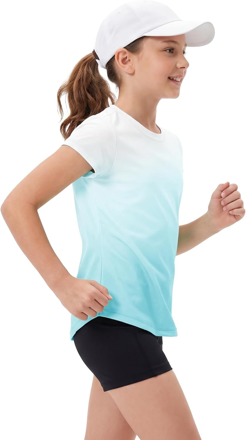 Stelle Athletic Shirts for Girls Short Sleeve Active T Shirts Sports Crewneck Dry Fit Tops Kids Teens Gym Workout Summer Tee(Light Blue)