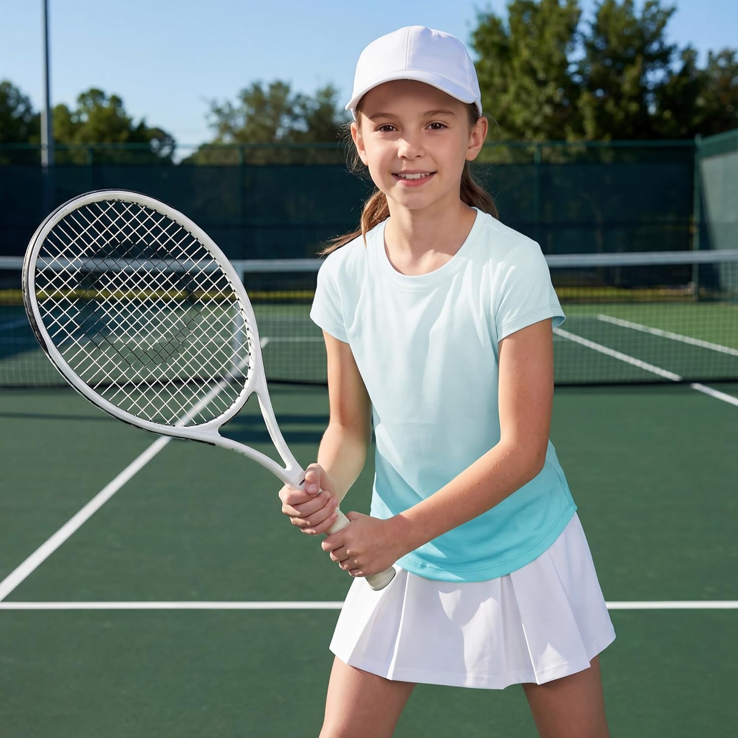 Stelle Athletic Shirts for Girls Short Sleeve Active T Shirts Sports Crewneck Dry Fit Tops Kids Teens Gym Workout Summer Tee(Light Blue)