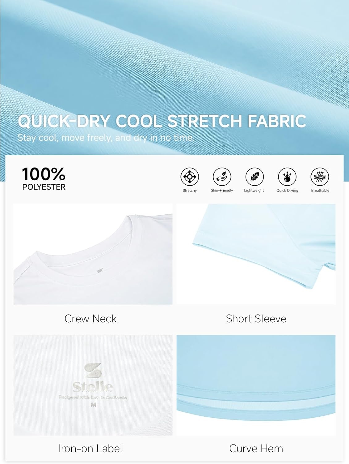 Stelle Athletic Shirts for Girls Short Sleeve Active T Shirts Sports Crewneck Dry Fit Tops Kids Teens Gym Workout Summer Tee(Light Blue)