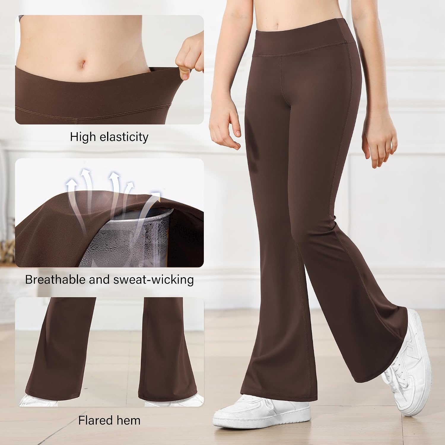 Stelle Girls Flare Leggings High Waisted for Dance Yoga School Daily Wear | Buttery-Soft,Breathable 4-way stretch fabric with flared design,Moisture-wicking comfort for yoga,Dance,School casual outfit(1pc Coffee)