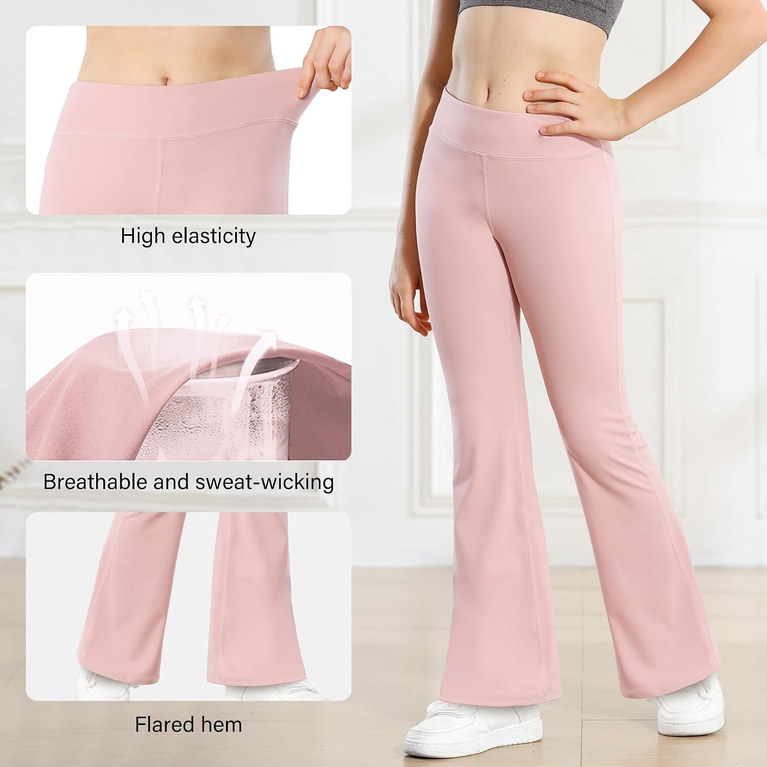 Stelle Girls Flare Leggings High Waisted for Dance Yoga School Daily Wear | Buttery-Soft,Breathable 4-way stretch fabric with flared design,Moisture-wicking comfort for yoga,Dance,School casual outfit(3 Pcs Black+pink+dusty Lavender)