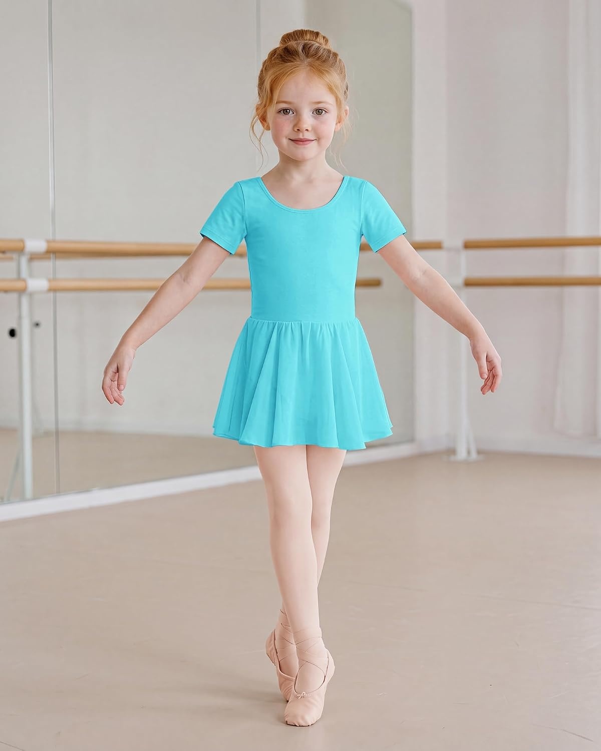 Stelle Girls Criss-Cross Back Leotards Skirt with Tights for Ballet/Dance | Short sleeve leotards, Crew neck, Soft, Breathable, Dress outfits, High elasticity & durable, Ballet pink footed tights(Pool Blue)