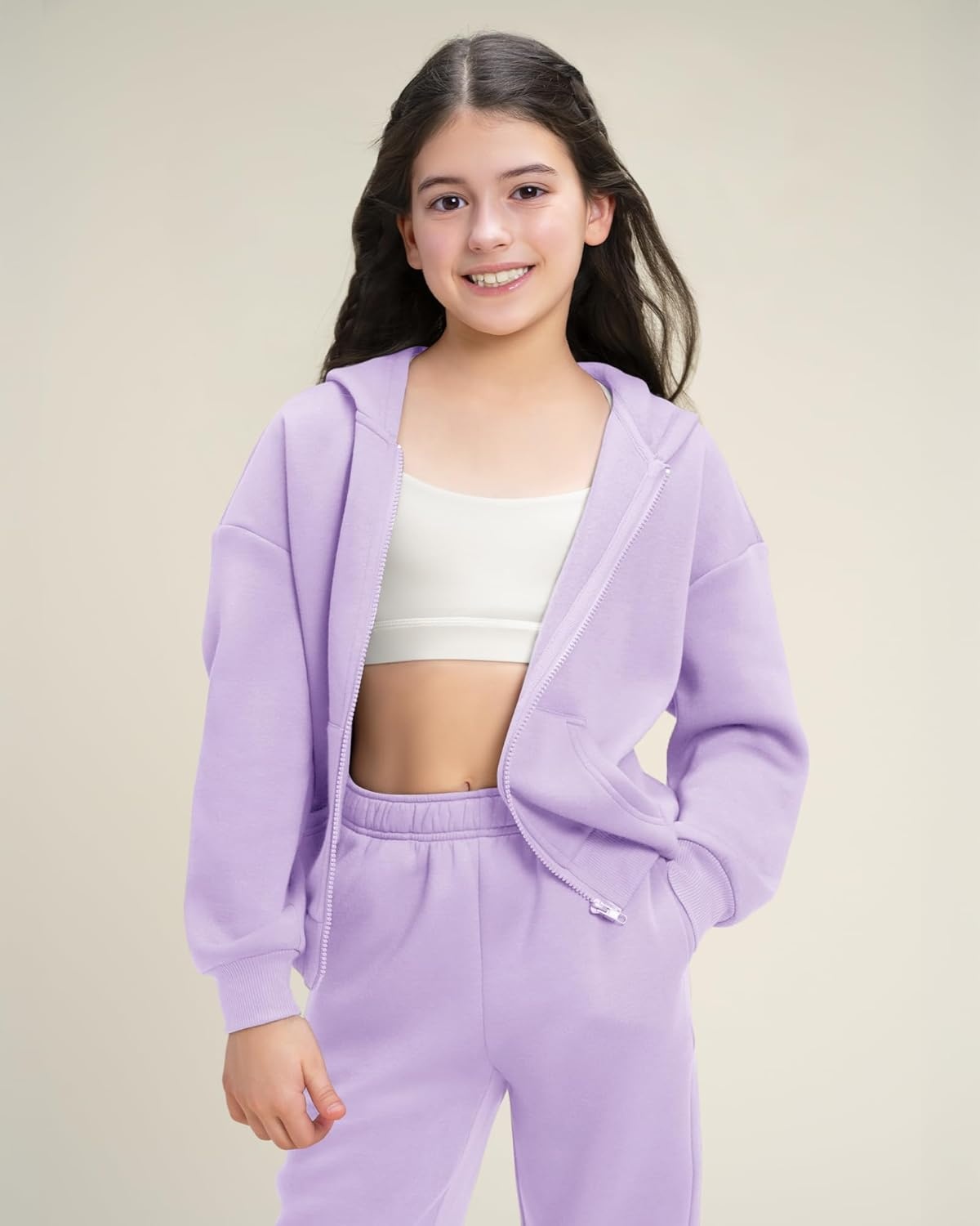 Stelle Girls Athletic Sweatsuit 2 Pieces Sweatshirts and Pant Long Sleeve Zip Up with Pockets Outfits Set(Lavender)