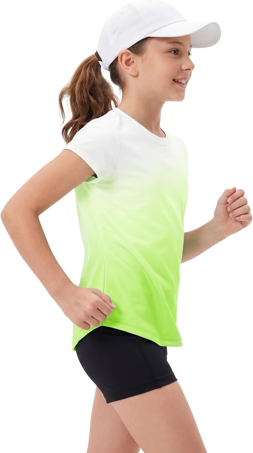 Stelle Athletic Shirts for Girls Short Sleeve Active T Shirts Sports Crewneck Dry Fit Tops Kids Teens Gym Workout Summer Tee(Neon Yellow)