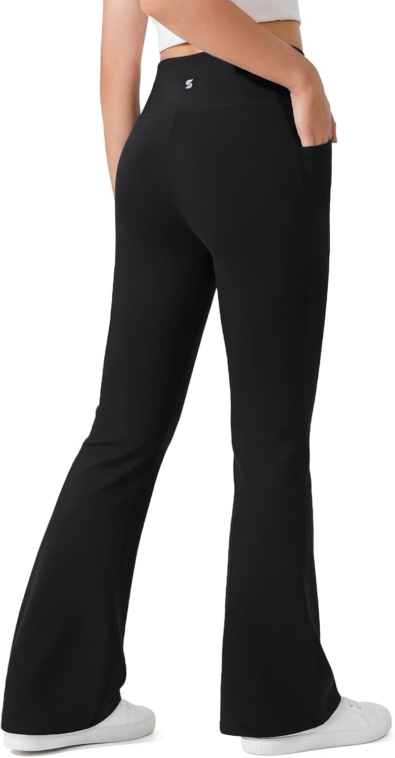 Stelle Girls Leggings Flare Yoga Pants Kids Bootcut High Waisted Workout Dance Pants with Pockets(Black)
