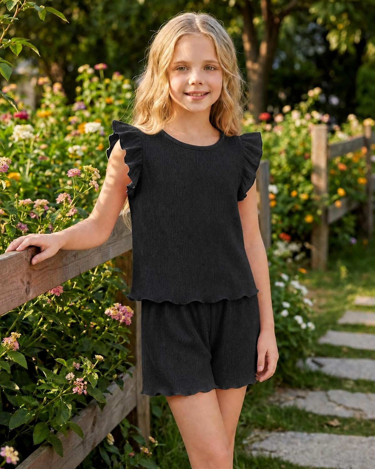Stelle Girls 2 Piece Summer Outfits Flutter Sleeve Tops and Shorts 5-13Y(Black)
