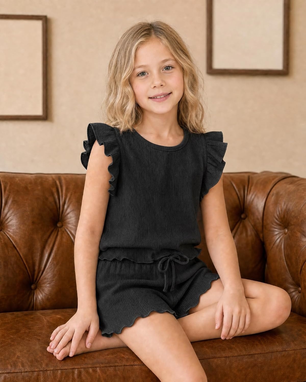 Stelle Girls 2 Piece Summer Outfits Flutter Sleeve Tops and Shorts 5-13Y(Black)