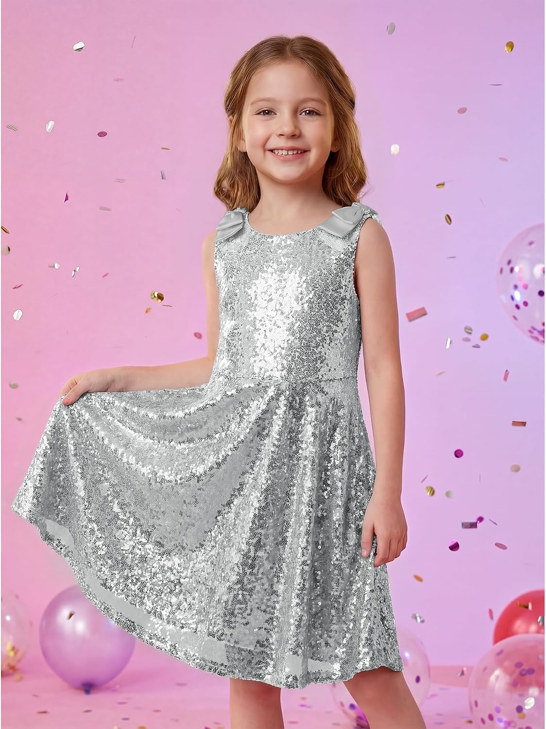 Stelle Girls Sequin Dress Sleeveless A-Line Sparkly Dresses 5-15 Y(Siliver)