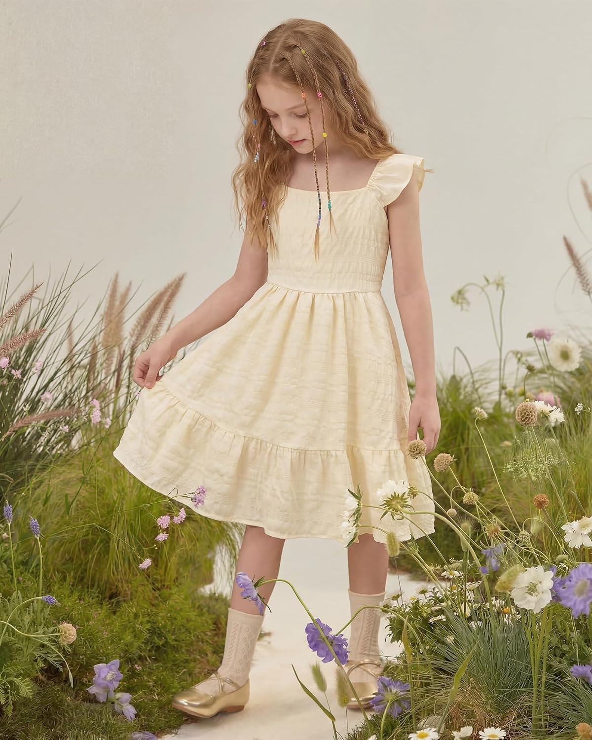Stelle Girls Square Neck Flutter Sleeve Tie Back Dress 5-15 Y(Butter)