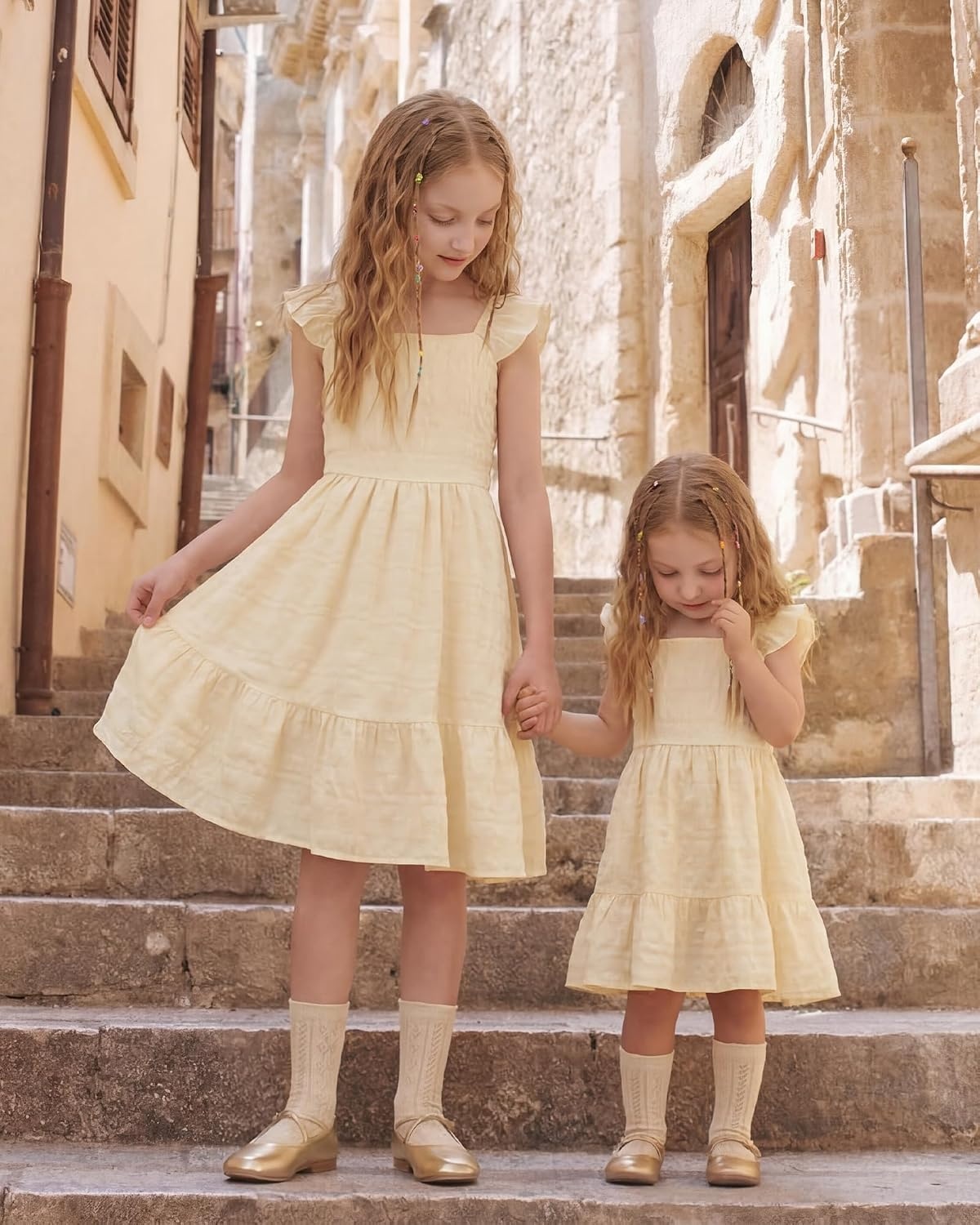 Stelle Girls Square Neck Flutter Sleeve Tie Back Dress 5-15 Y(Butter)
