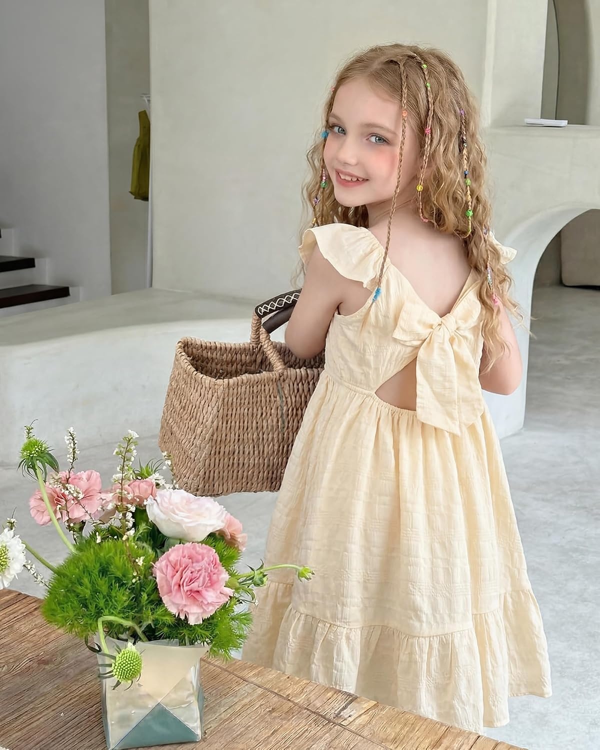 Stelle Girls Square Neck Flutter Sleeve Tie Back Dress 5-15 Y(Butter)