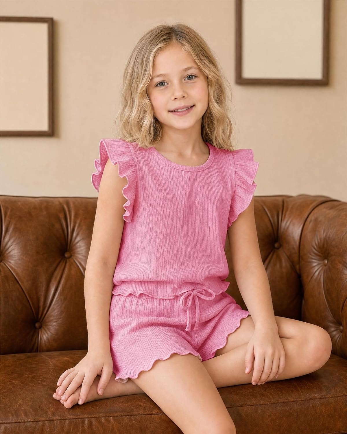 Stelle Girls 2 Piece Summer Outfits Flutter Sleeve Tops and Shorts 5-13Y | Cooling Liner,Shorts with Pockets,Ruffle Tank Tops,Back Keyhole,Cute Bow on Waist,Breathable,Lightweight,Stretchable,Flowy(Bubblegum)