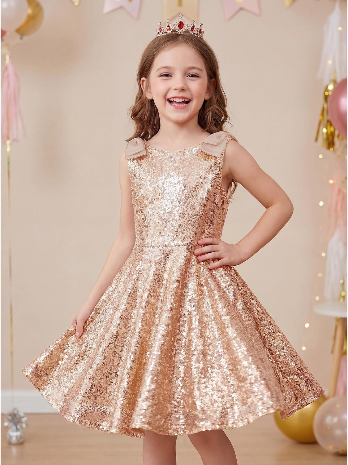 Stelle Girls Sequin Dress Sleeveless A-Line Sparkly Dresses 5-15 Y(Rose Gold)