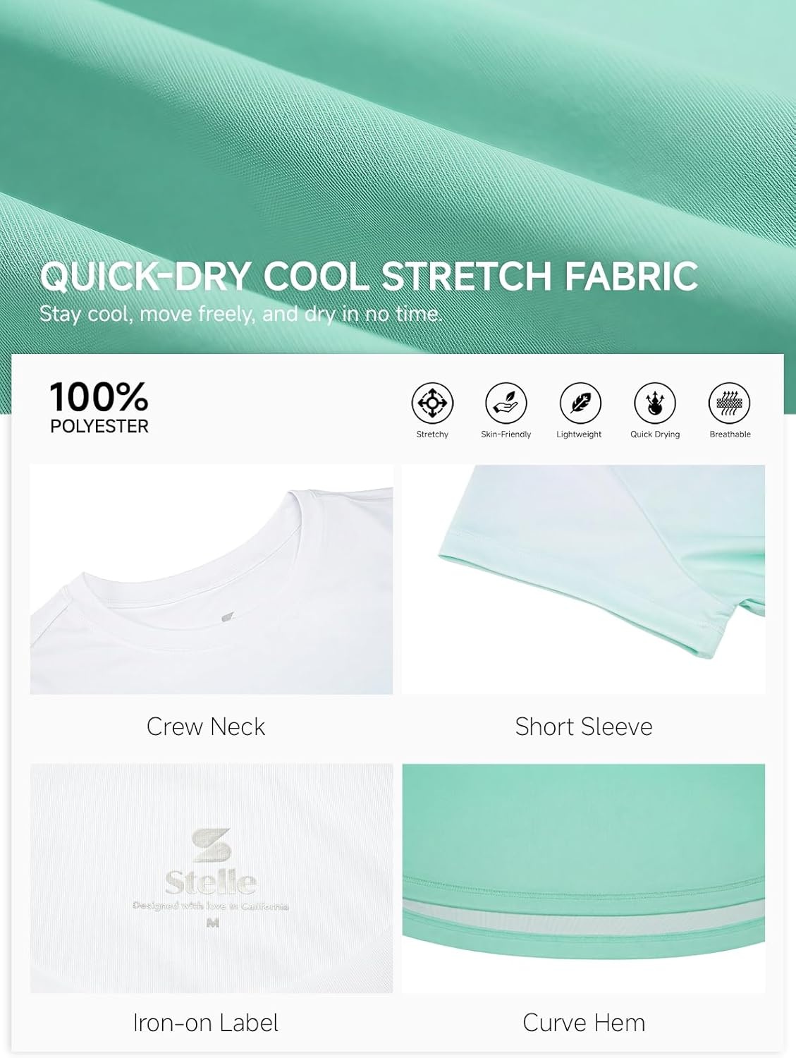 Stelle Athletic Shirts for Girls Short Sleeve Active T Shirts Sports Crewneck Dry Fit Tops Kids Teens Gym Workout Summer Tee(Mint Green)