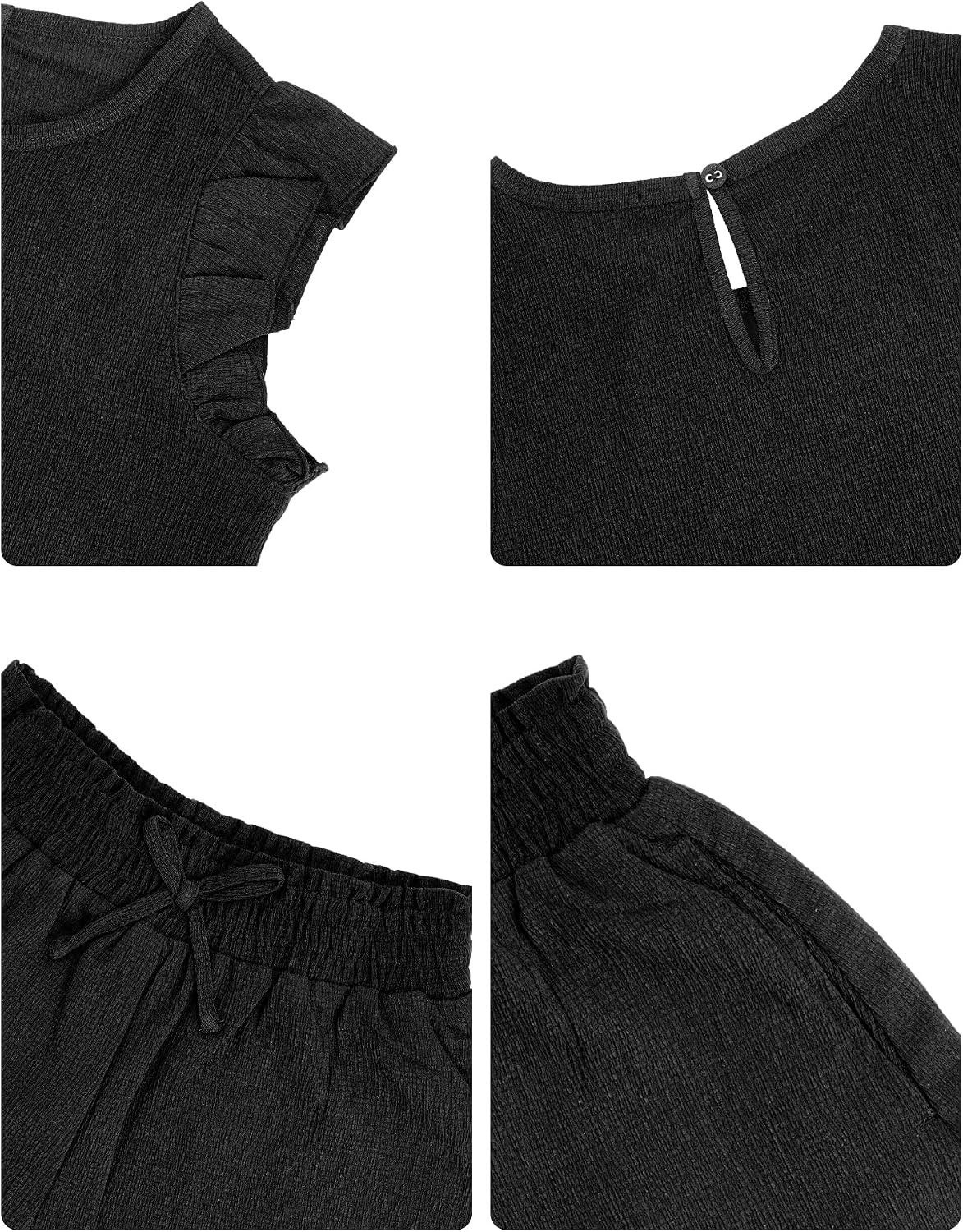 Stelle Girls 2 Piece Summer Outfits Flutter Sleeve Tops and Shorts 5-13Y | Cooling Liner,Shorts with Pockets,Ruffle Tank Tops,Back Keyhole,Cute Bow on Waist,Breathable,Lightweight,Stretchable,Flowy(Black)