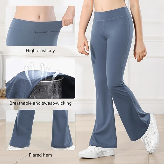 Stelle Girls Flare Leggings High Waisted for Dance Yoga School Daily Wear | Buttery-Soft,Breathable 4-way stretch fabric with flared design,Moisture-wicking comfort for yoga,Dance,School casual outfit(3 Pcs Black+grey Blue+pink)