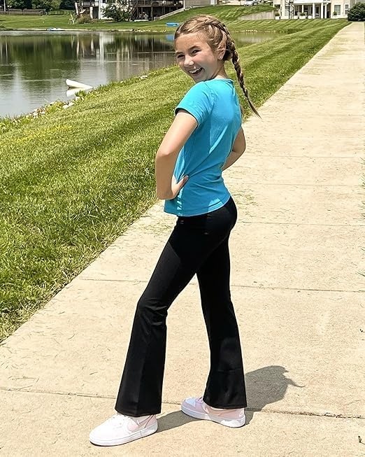 Stelle Girls Flare Leggings High Waisted for Dance Yoga School Daily Wear | Buttery-Soft,Breathable 4-way stretch fabric with flared design,Moisture-wicking comfort for yoga,Dance,School casual outfit(2 Pcs Black+pink)